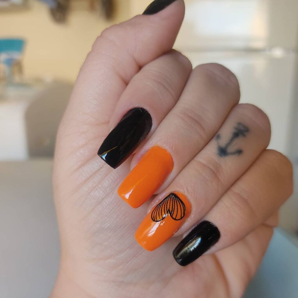 Unha Decorada Laranja Com Preto