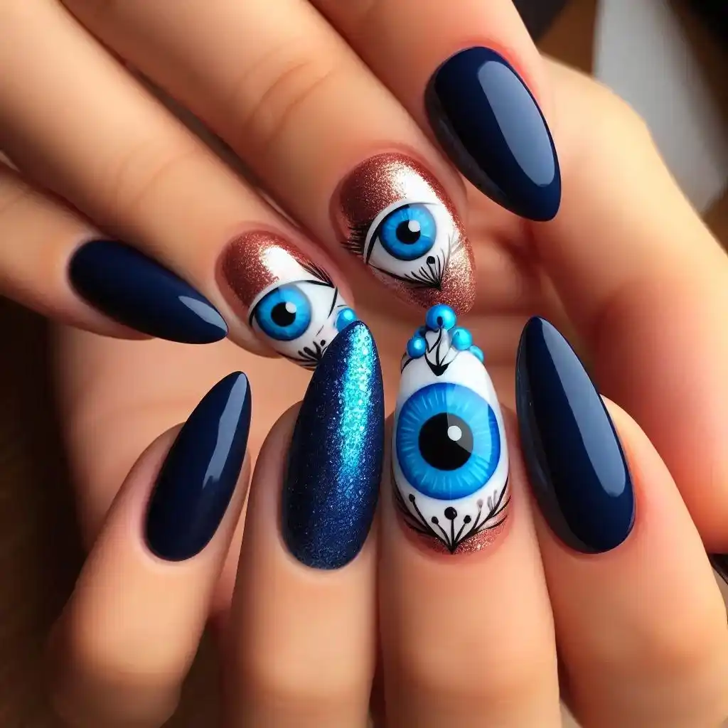 blue evil eye nail art