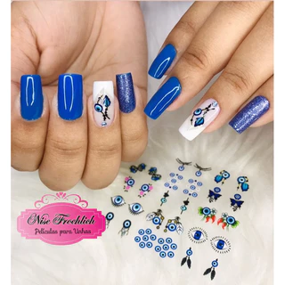 unha decorada azul olho grego