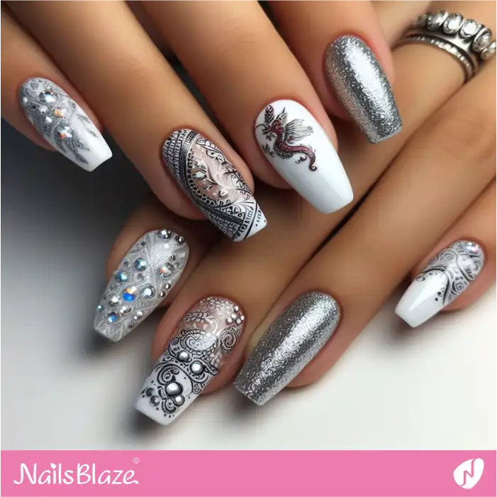 white and silver nail art