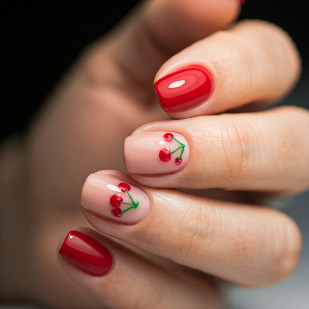 unha decorada azul e vermelho