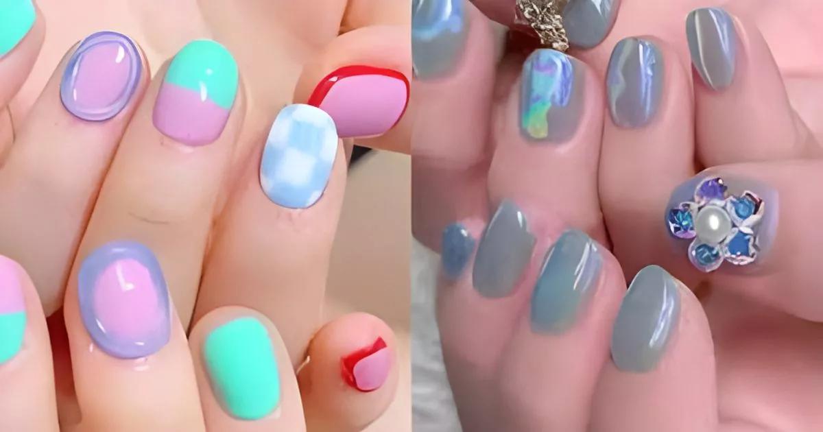 unha decorada azul e rosa