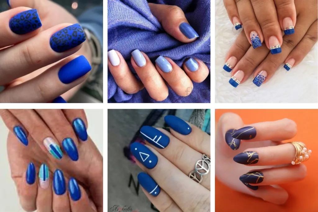 unha decorada azul e vermelho